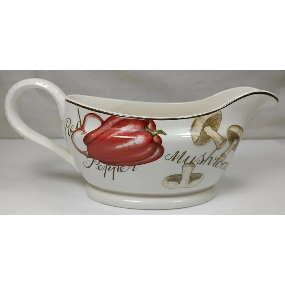 Vintage Red Pepper Mushrooms Carrots Tomatoes Gold Rim Ceramic Gravy Boat